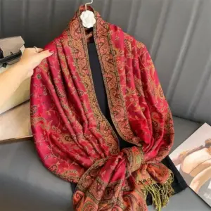 01-26 Schal Damen mit Paisley-Muster, mehrfarbiger Bordüre und Fransen – Bild 2