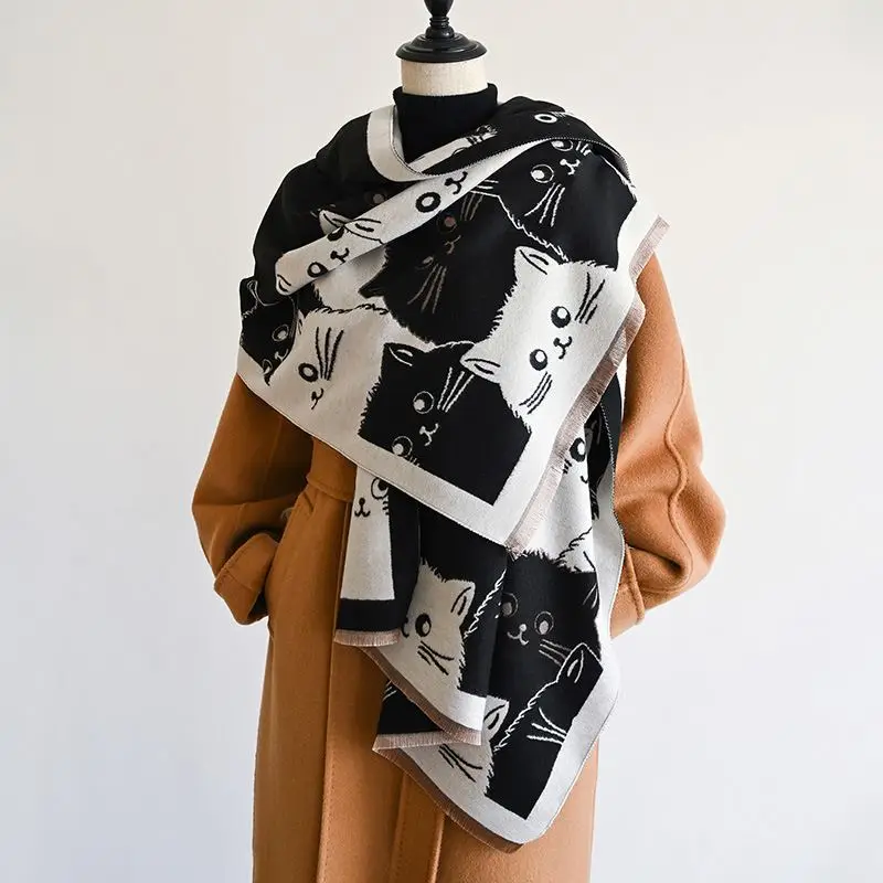 Damen Schal in Altrosa mit Katzenmotiv, Jacquard-Optik – Bild 2