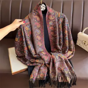 01-6 Schal Damen breit mit Paisleymuster und Fransen – Bild 2
