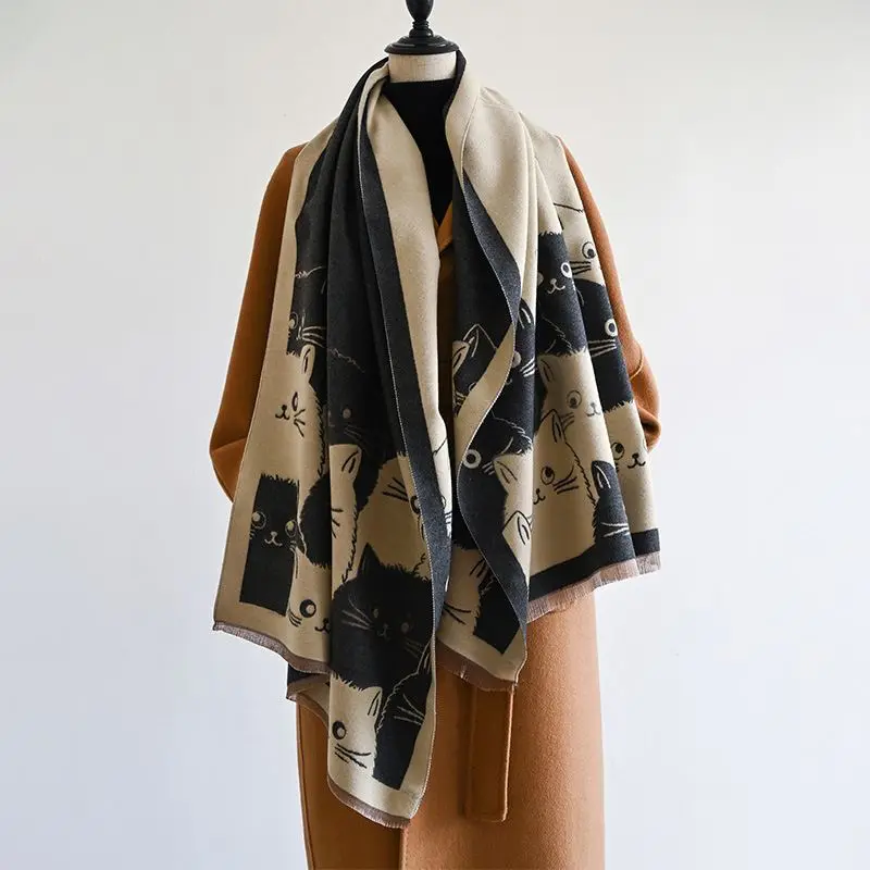 Damen Schal in Altrosa mit Katzenmotiv, Jacquard-Optik – Bild 3