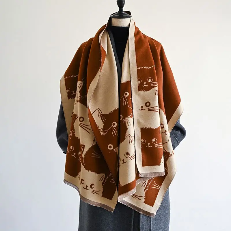 Damen Schal in Altrosa mit Katzenmotiv, Jacquard-Optik – Bild 4