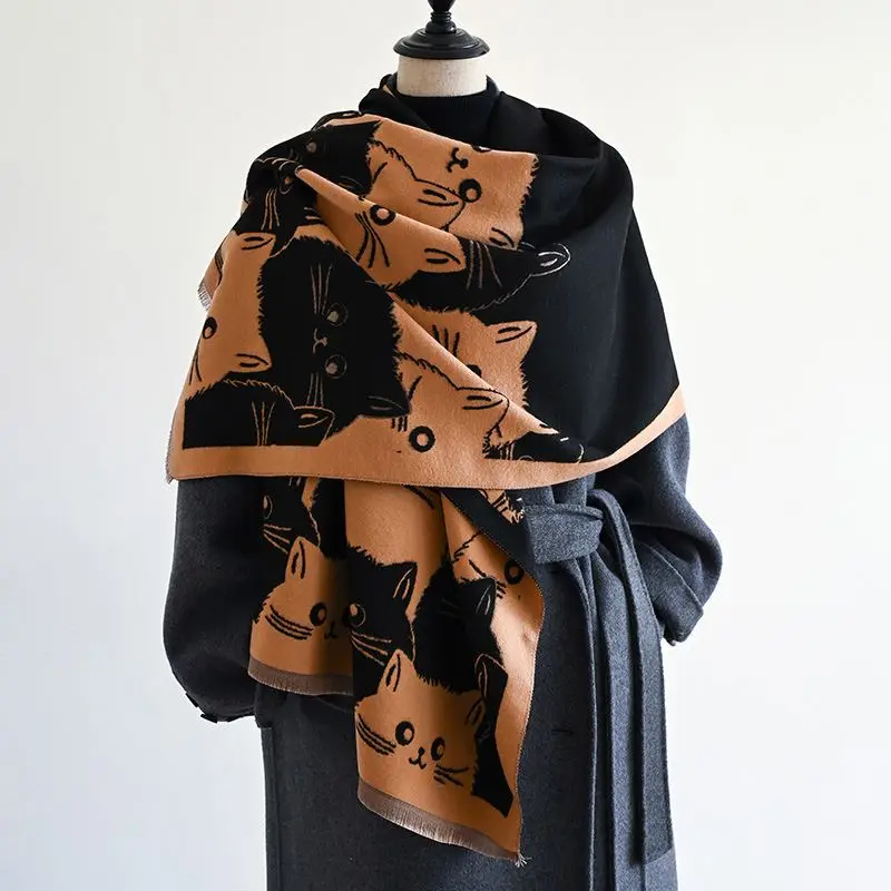 Schal Damen in Altrosa mit Katzenmotiven und Fransenkante – Bild 5