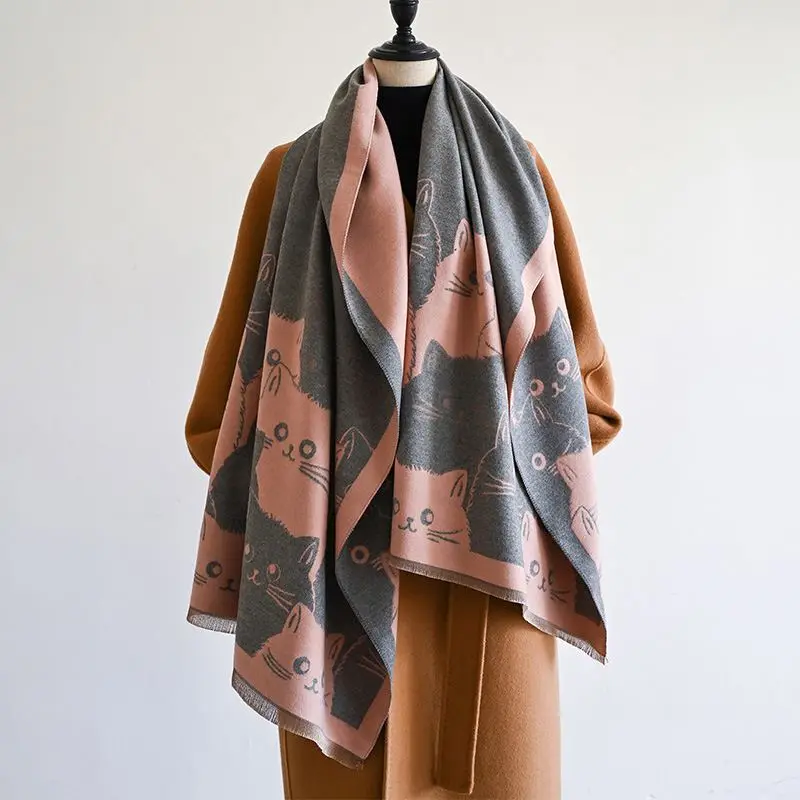 Damen Schal in Altrosa mit Katzenmotiv, Jacquard-Optik – Bild 6
