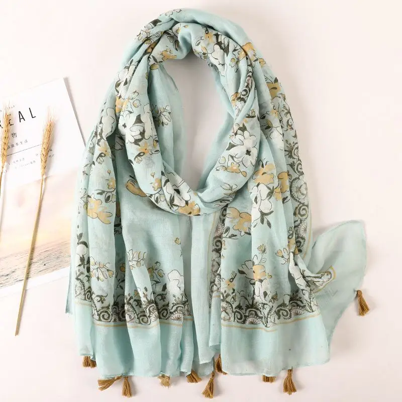 Schal Damen Winter groß mit Leopardenmuster und Quasten – Mintgrün