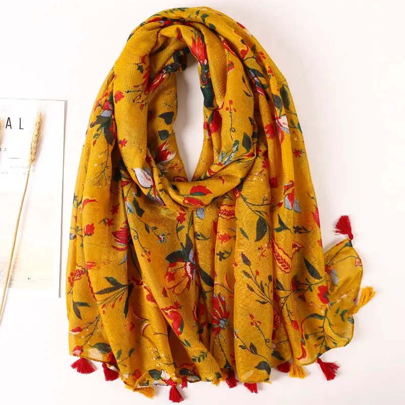 Schal Damen Winter groß mit Leopardenmuster und Quasten – Senfgelb – Blumen