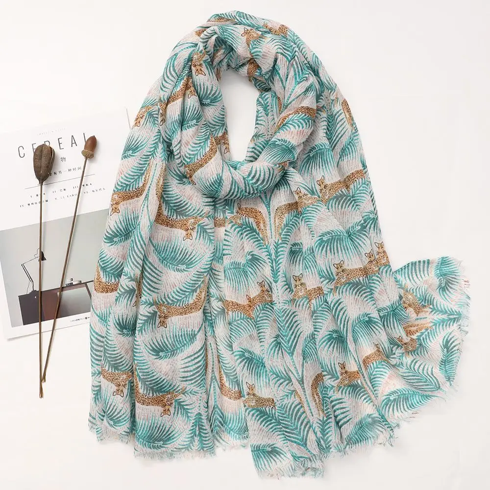 Schal Damen Winter groß mit Leopardenmuster und Quasten – Türkis