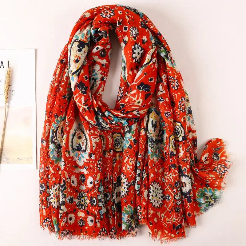 Schal Damen Winter groß mit Leopardenmuster und Quasten – Rot – Blumen