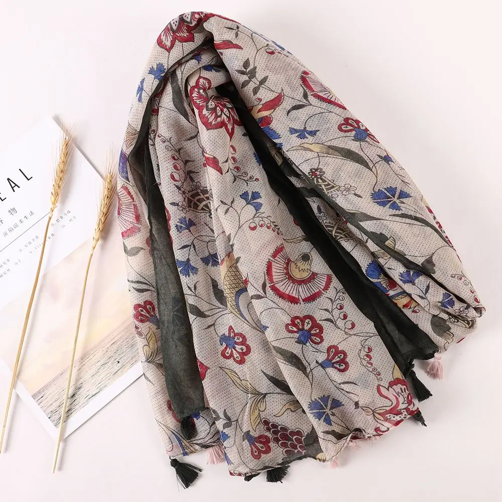 Schal Damen Winter groß mit Leopardenmuster und Quasten – Bunt – Blumen