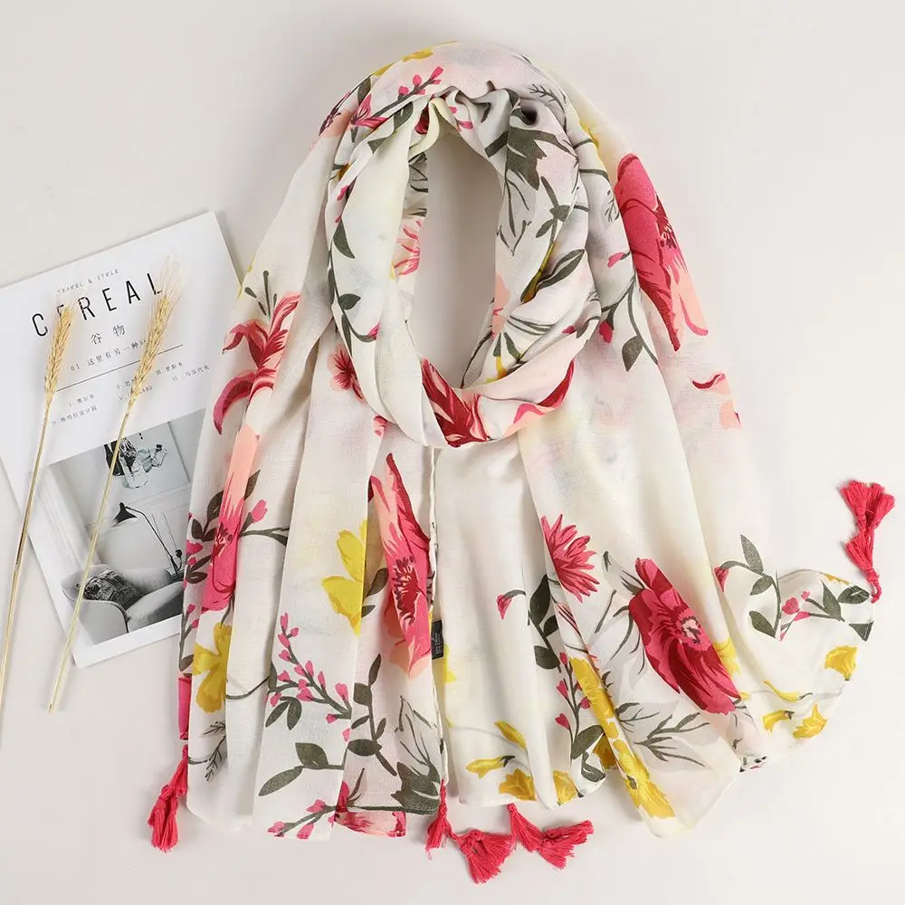 Schal Damen Winter groß mit Leopardenmuster und Quasten – Weiß – Blumen
