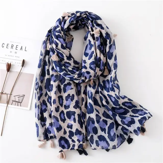 Schal Damen Winter groß mit Leopardenmuster und Quasten – Blau – Leo