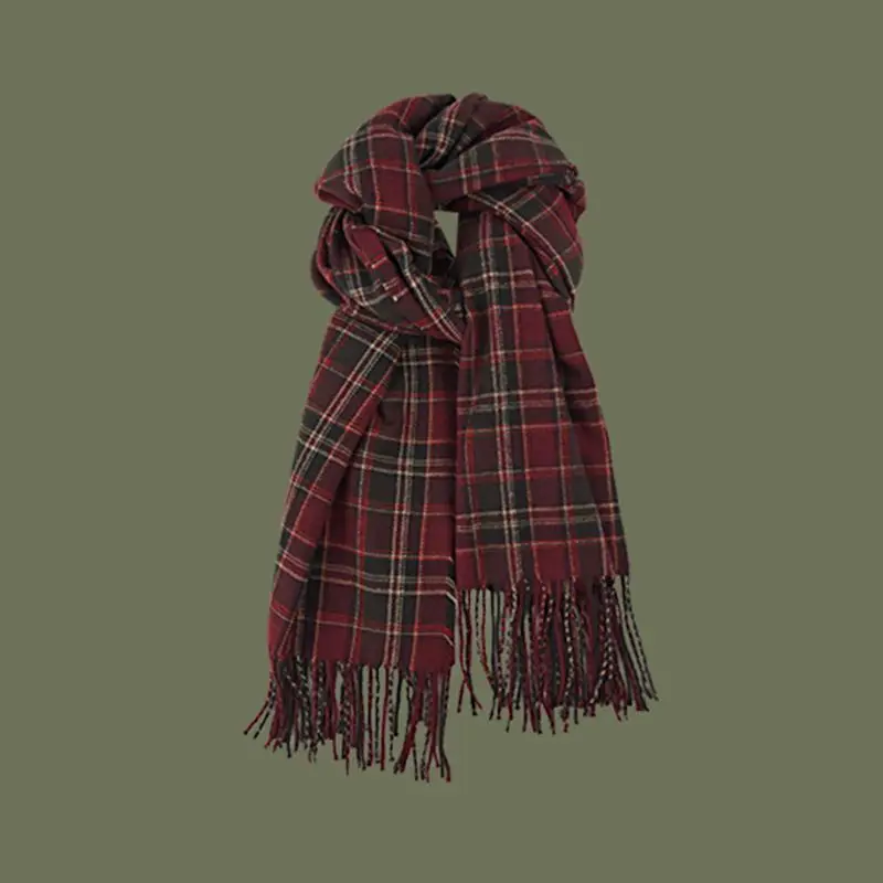 Halstuch Damen in Braun und Beige, kariert mit Fransen – Weinrot
