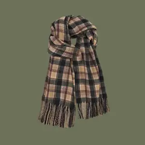 Halstuch Damen in Braun und Beige, kariert mit Fransen – Beige