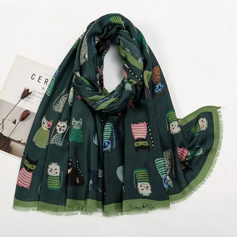 Schal Damen mit Katzenmotiv und Fransenkante – Grün