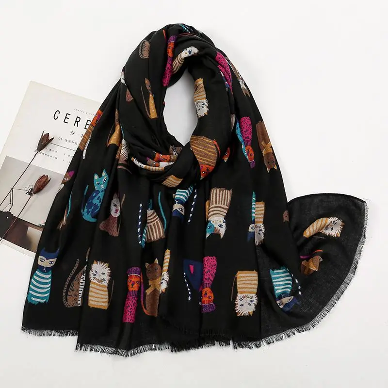 Schal Damen mit Katzenmotiv und Fransenkante – Schwarz