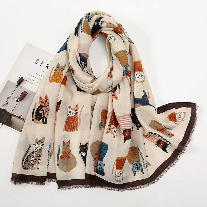 Schal Damen mit Katzenmotiv und Fransenkante – Creme – brauner Rand