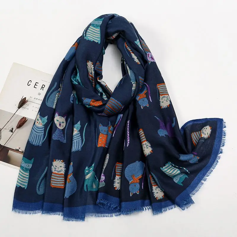Schal Damen mit Katzenmotiv und Fransenkante – Dunkelblau