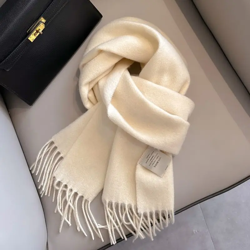 Schultertuch Damen aus Wolle, unifarben mit Fransen – Creme