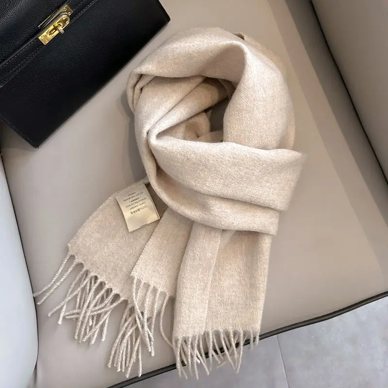 Schultertuch Damen aus Wolle, unifarben mit Fransen – Beige – hell