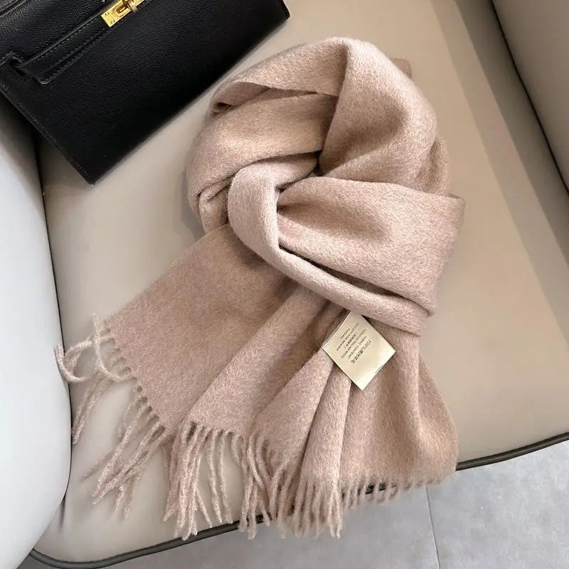 Schultertuch Damen aus Wolle, unifarben mit Fransen – Beige