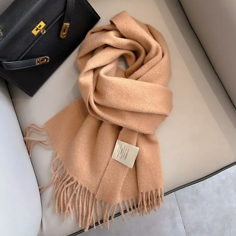 Schultertuch Damen aus Wolle, unifarben mit Fransen – Camel – hell