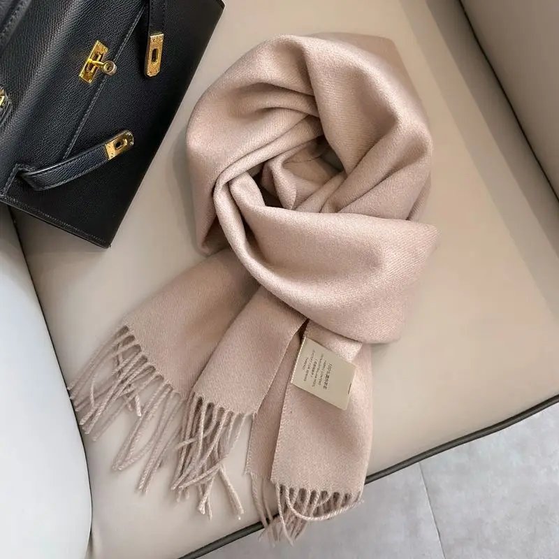 Schultertuch Damen aus Wolle, unifarben mit Fransen – Beige – Taupe