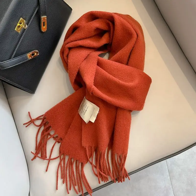 Schultertuch Damen aus Wolle, unifarben mit Fransen – Orange