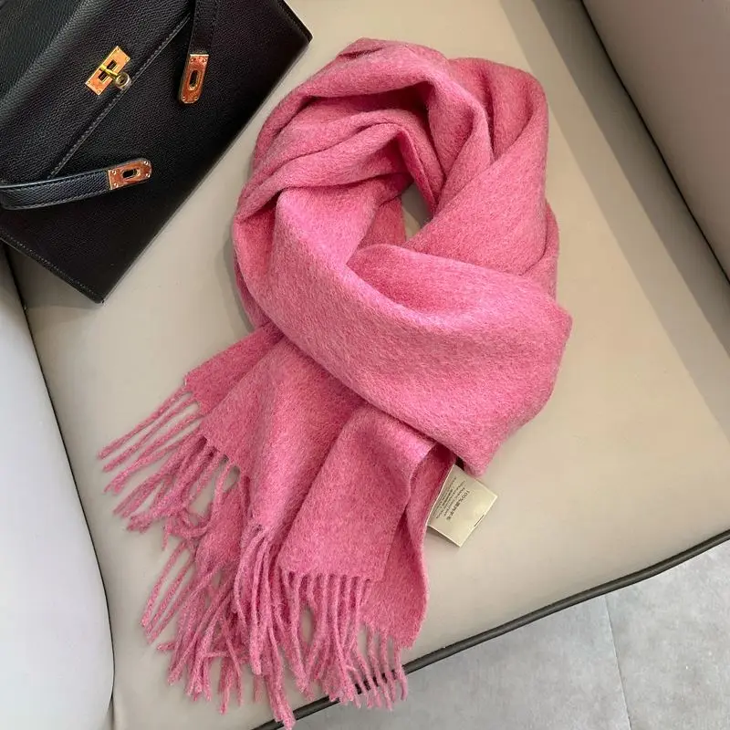 Schultertuch Damen aus Wolle, unifarben mit Fransen – Pink – hell