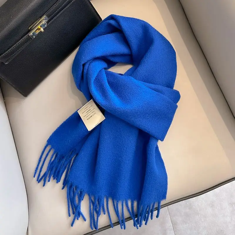 Schultertuch Damen aus Wolle, unifarben mit Fransen – Blau
