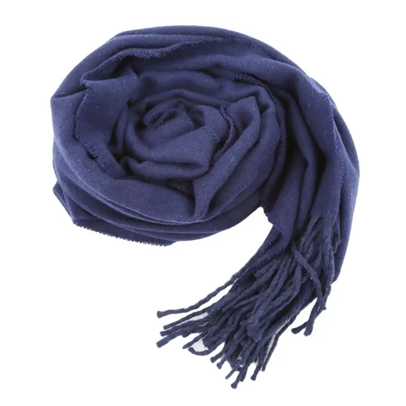 Schal schwarz grau mit Fransen, einfarbig und lang – Marineblau