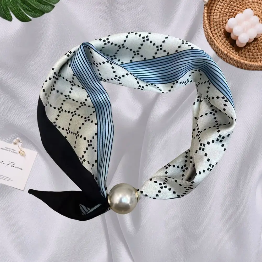 Schal Damen klein mit Perle, Streifen- und Punktemuster – Hellblau
