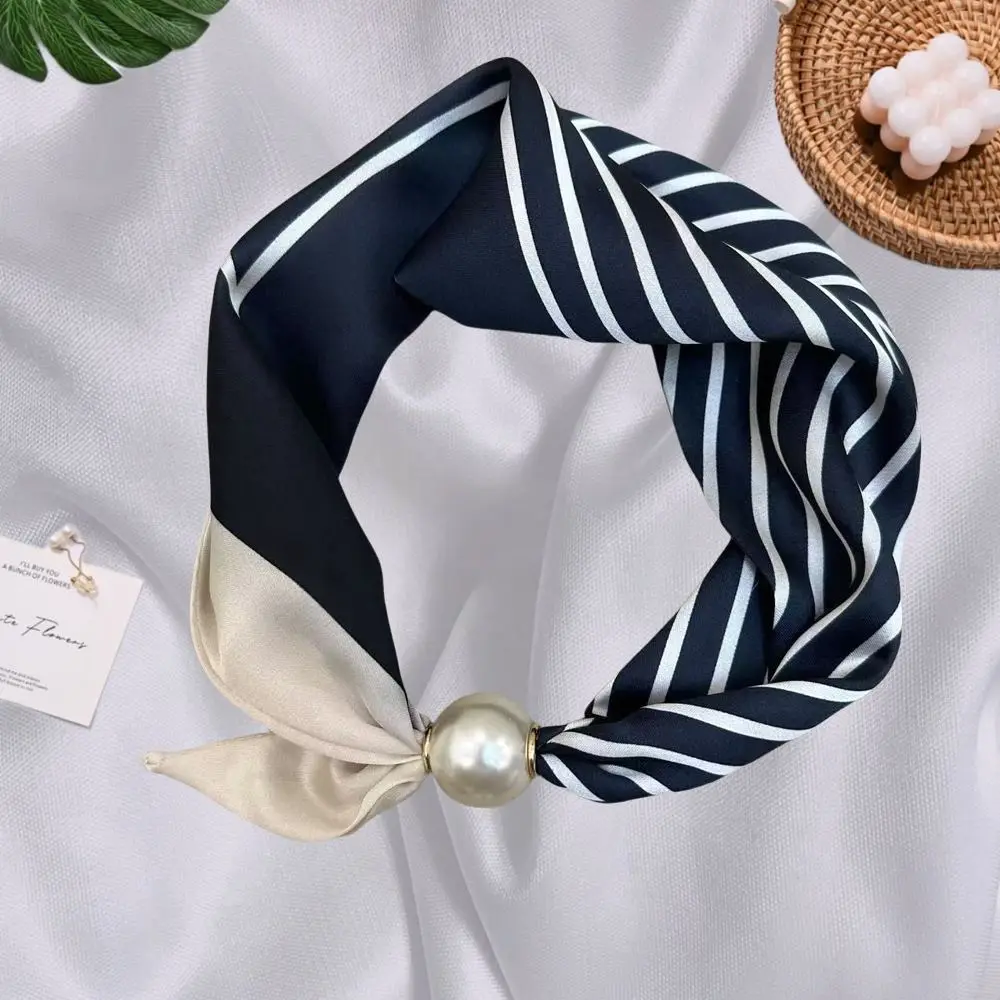 Schal Damen klein mit Perle, Streifen- und Punktemuster – Marineblau – gestreift