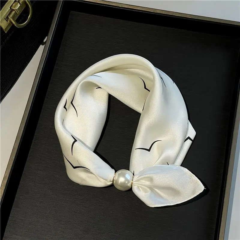 Schal Damen klein mit Perle, Streifen- und Punktemuster – Creme – Linien