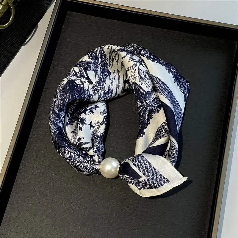 Schal Damen klein mit Perle, Streifen- und Punktemuster – Marineblau – Landschaft