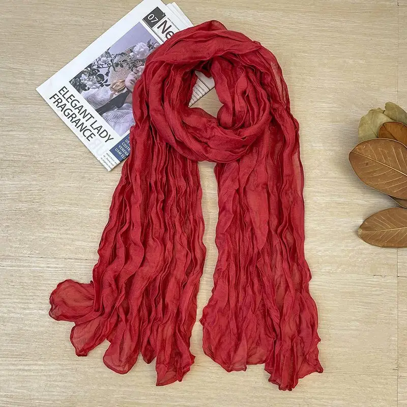 Schal Damen in Crinkle-Optik, unifarben und locker fallend – Rot