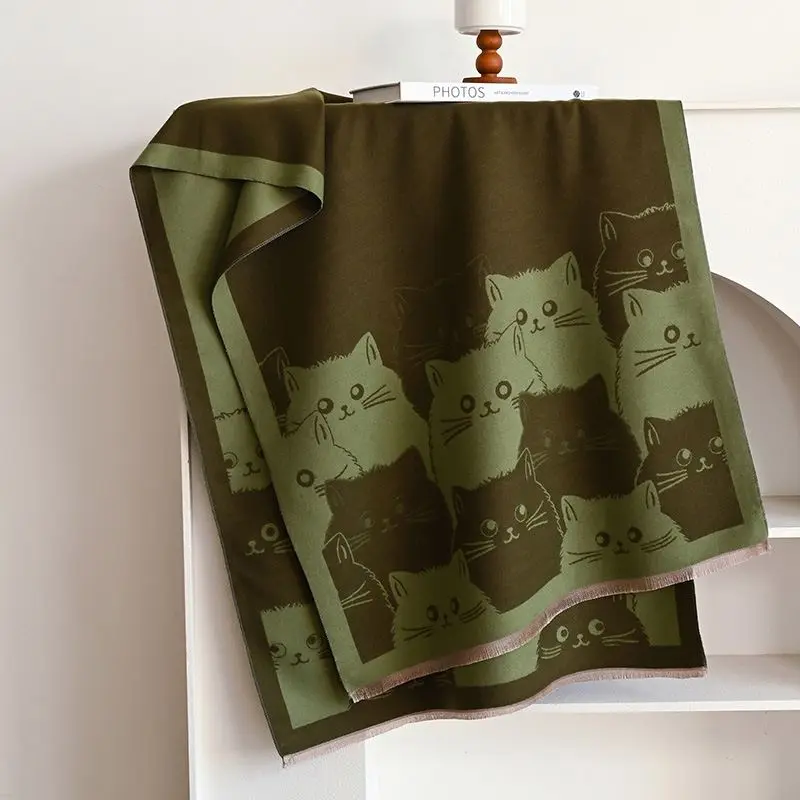 Schal Damen in Altrosa mit Katzenmotiven und Fransenkante – Olivgrün