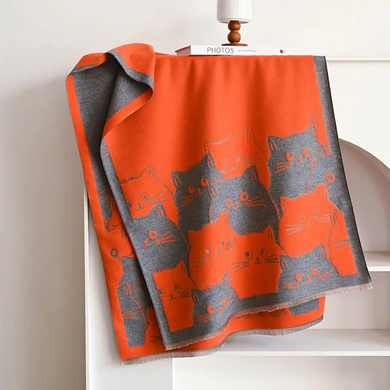 Schal Damen in Altrosa mit Katzenmotiven und Fransenkante – Orange