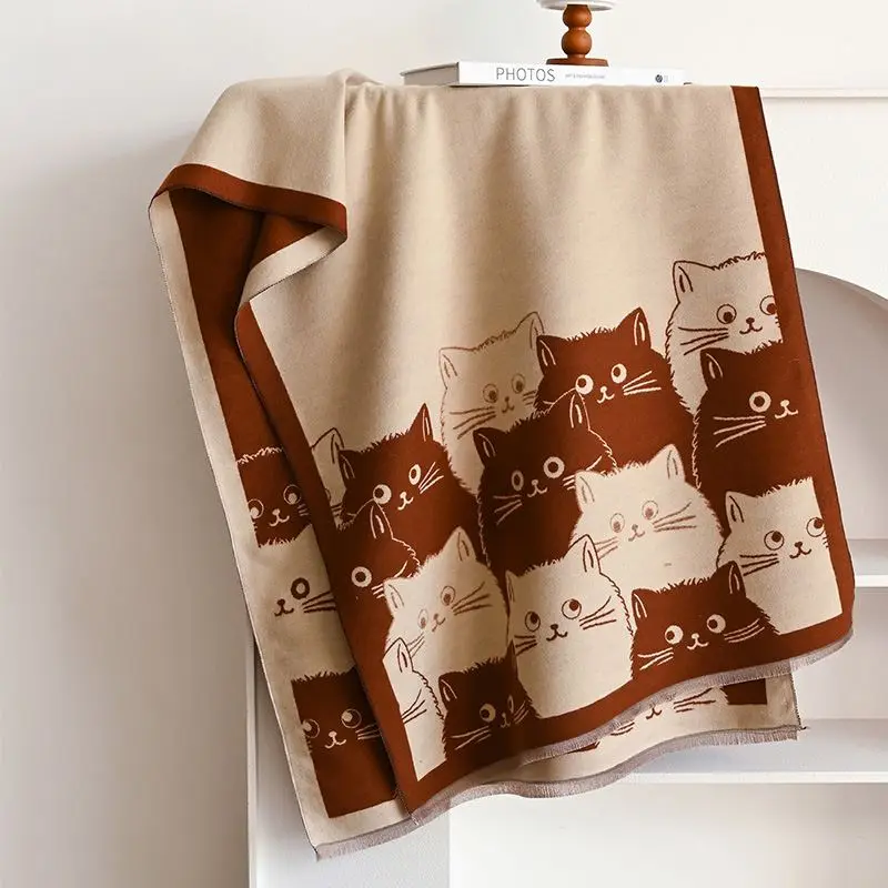 Schal Damen in Altrosa mit Katzenmotiven und Fransenkante – Beige – Rostbraun