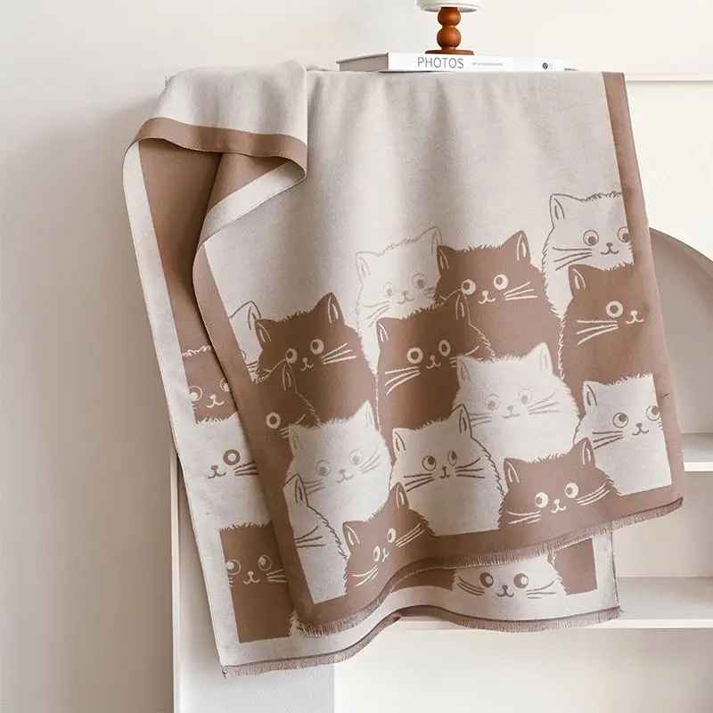 Schal Damen in Altrosa mit Katzenmotiven und Fransenkante – Beige