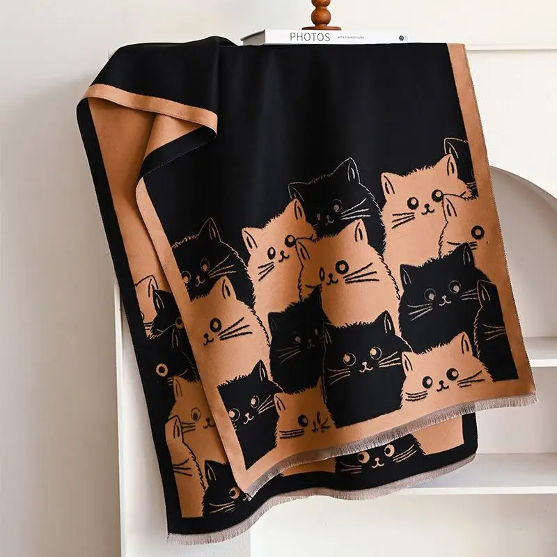 Schal Damen in Altrosa mit Katzenmotiven und Fransenkante – Schwarz – Camel