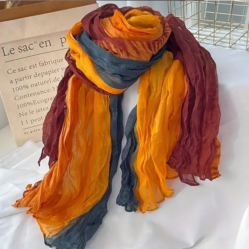 Schal Damen in Blau und Beige mit Farbverlauf und Knitteroptik – Bunt