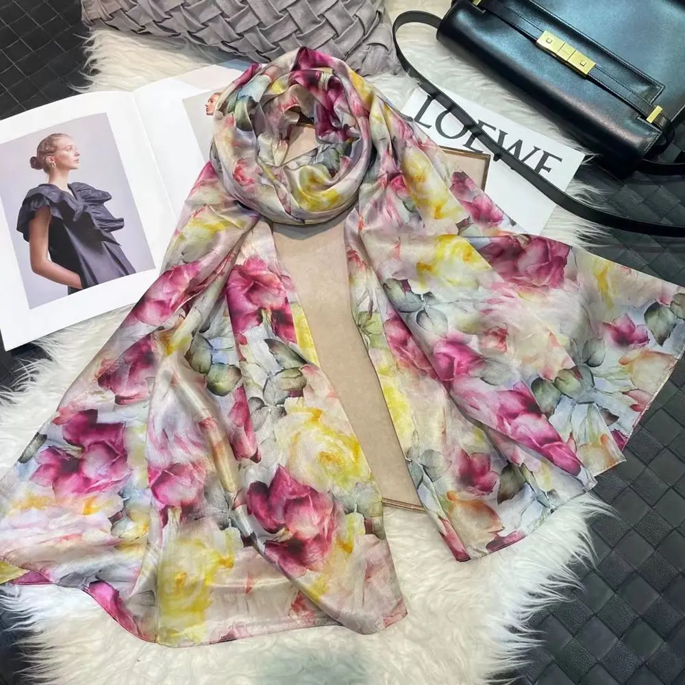 Schal blau gemustert Damen mit Paisley-Druck aus Seide – Bunt – rosa gelb