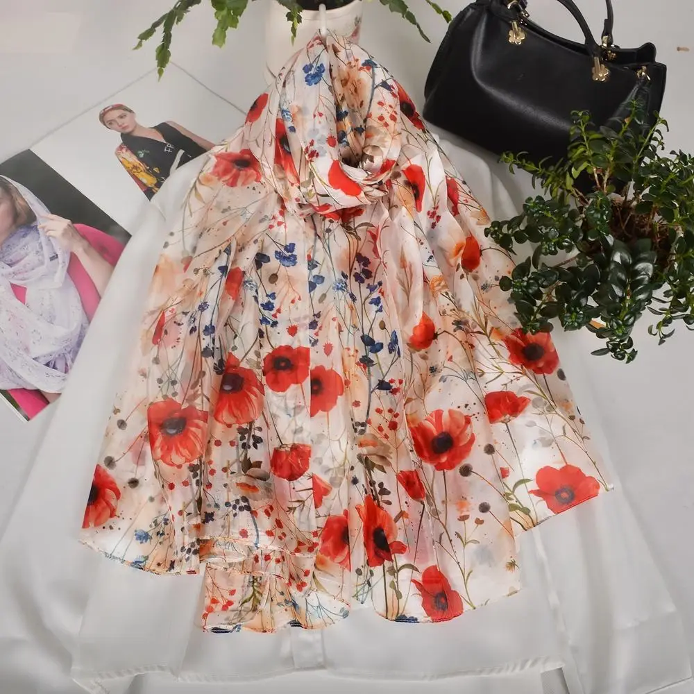 Schal blau gemustert Damen mit Paisley-Druck aus Seide – Weiß – Mohnblumen