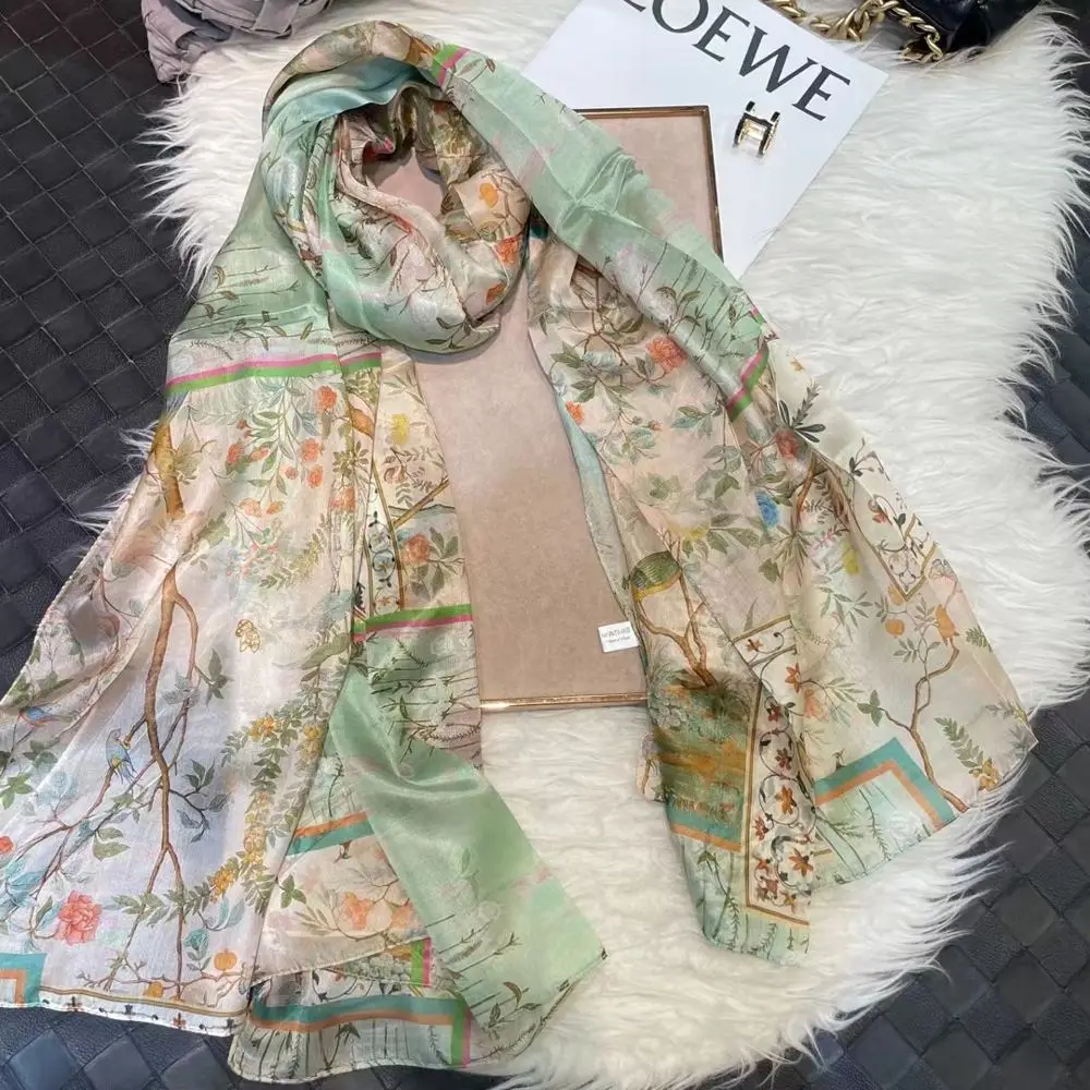 Schal blau gemustert Damen mit Paisley-Druck aus Seide – Mintgrün