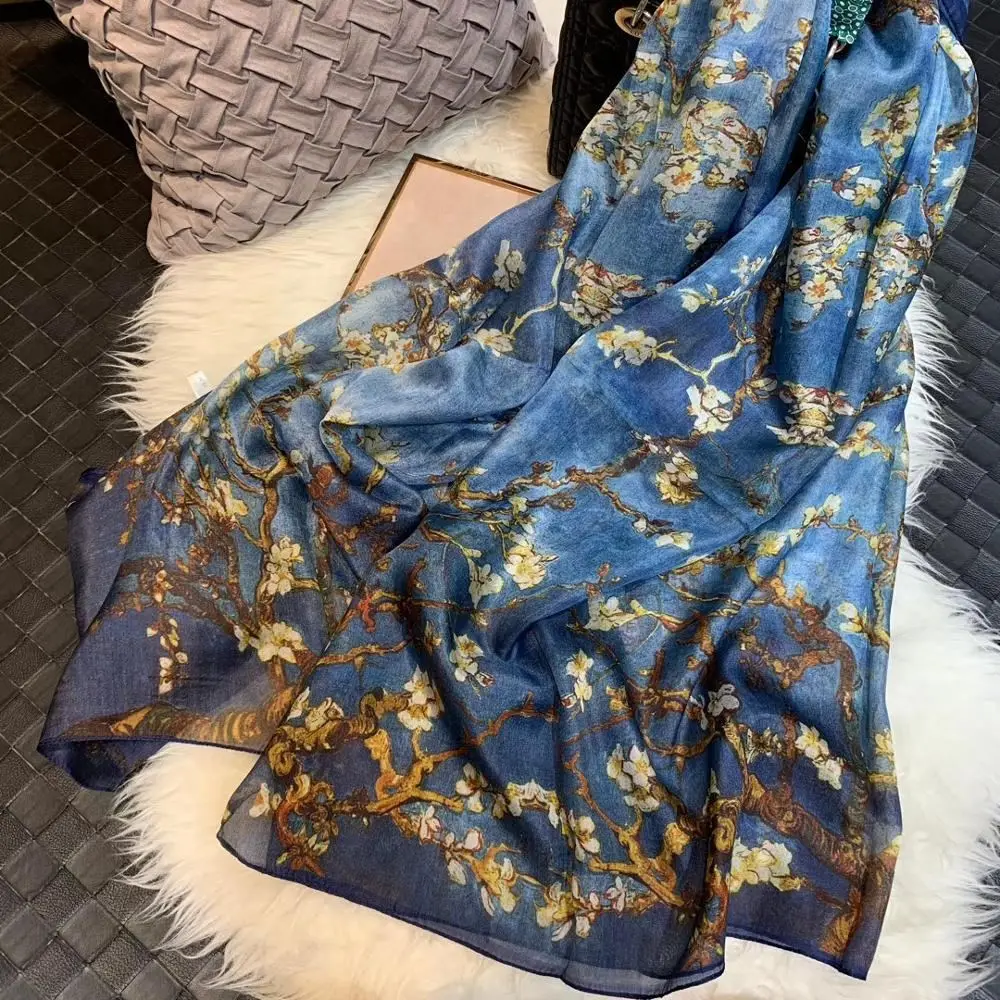 Schal blau gemustert Damen mit Paisley-Druck aus Seide – Dunkelblau