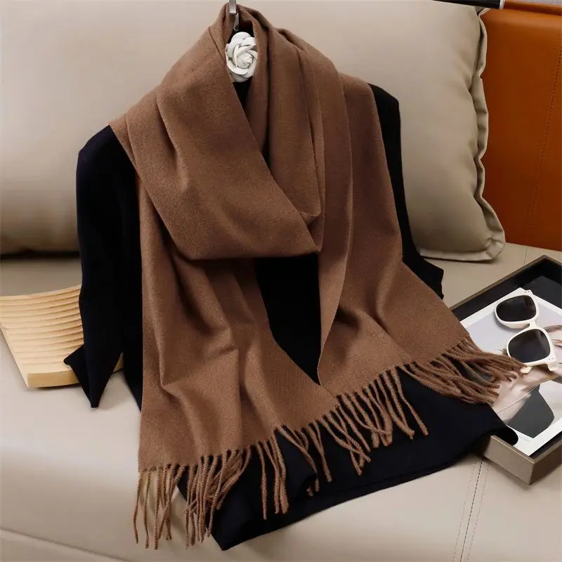 Schal Damen uni mit Fransen, lang und glatt – Braun – Mokka