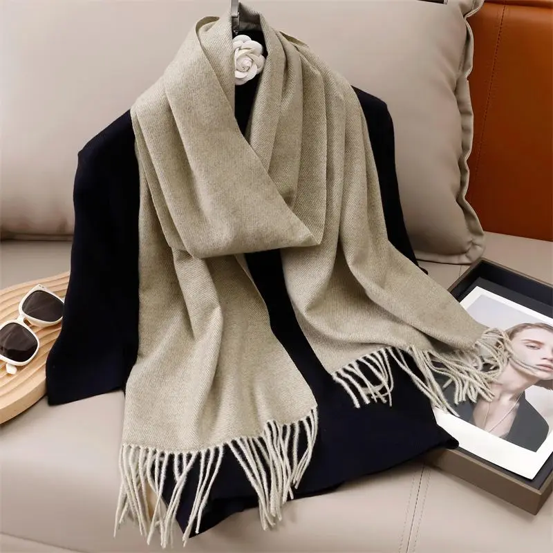 Schal Damen uni mit Fransen, lang und glatt – Beige – Sand