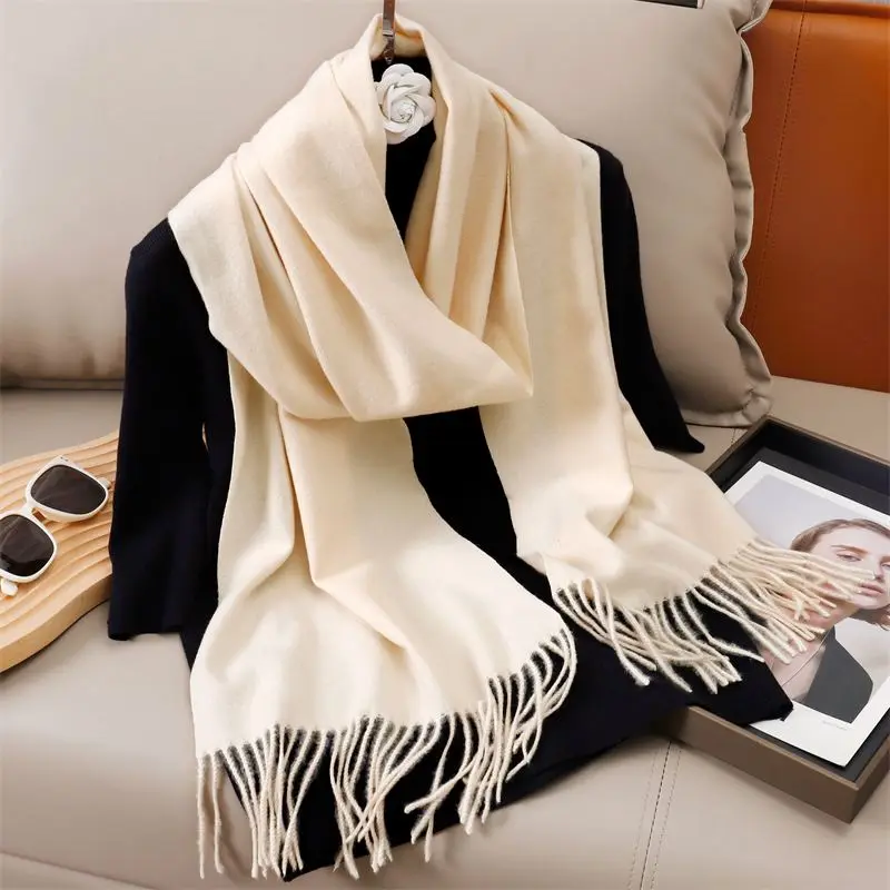 Schal Damen uni mit Fransen, lang und glatt – Creme – gelblich