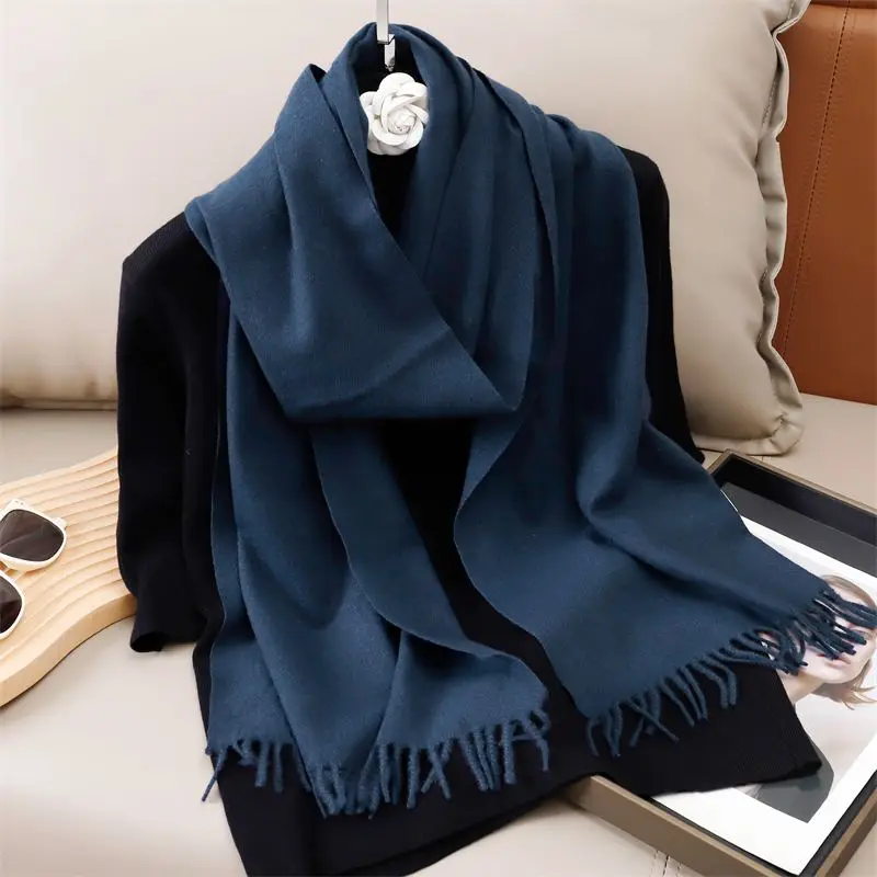 Schal Damen uni mit Fransen, lang und glatt – Marineblau