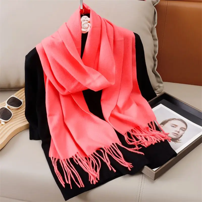 Schal Damen uni mit Fransen, lang und glatt – Pink – Koralle