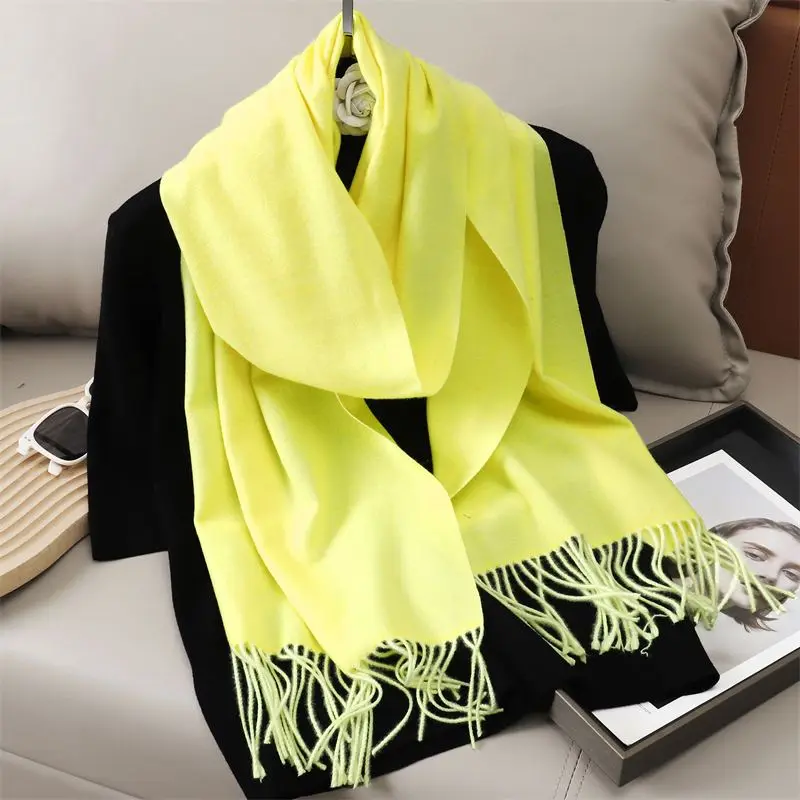 Schal Damen uni mit Fransen, lang und glatt – Gelb – Neon